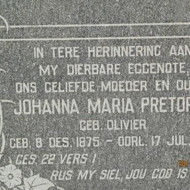 PRETORIUS Johanna Maria nee OLIVIER 1875-1958