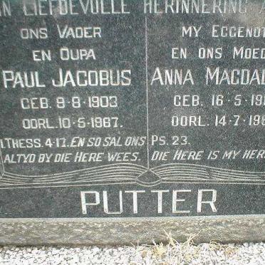 PUTTER Paul Jacobus 1903-1967 &amp; Anna Magdalena 1915-1964
