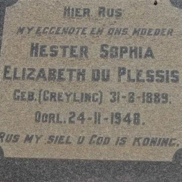 PLESSIS Hester Sophia Elizabeth, du nee GREYLING 1889-1948