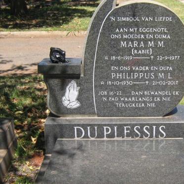 PLESSIS Philippus M.L., du 1930-2017 :: DU PLESSIS Mara M.M. nee RABIE 1919-1977
