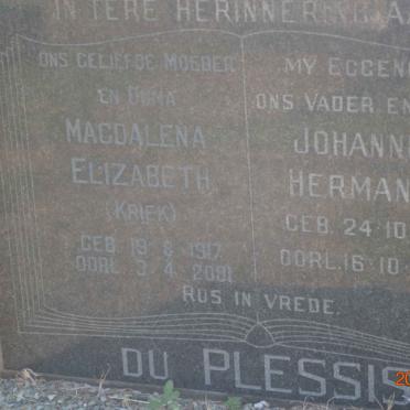 PLESSIS Johannes Hermanus, du 1911-1966 &amp; Magdalena Elizabeth KRIEK 1917-2001