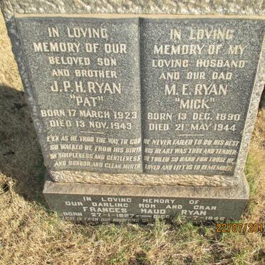 RYAN M.E. 1890-1944 &amp; Frances Maud 1897-1946 :: RYAN J.P.H. 1923-1943