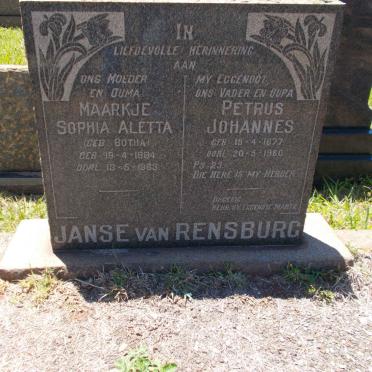 RENSBURG Petrus Johannes, Janse van 1877-1960 &amp; Maarkje Sophia Aletta BOTHA 1884-1963