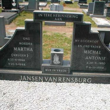 RENSBURG Michal Antonie, Jansen van 1930-1984 &amp; Martha KRUGER 1944-1988