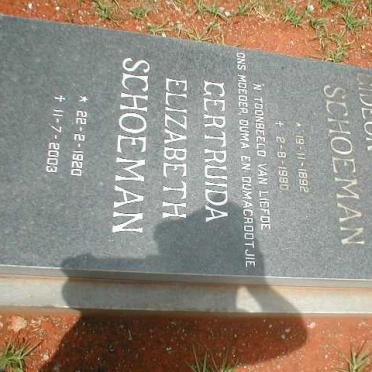 SCHOEMAN Gideon Petrus 1892-1980 &amp; Gertruida Elizabeth 1920-2003