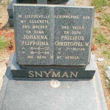 SNYMAN Philipus Christoffel W. 1928- &amp; Johanna Flipphina 1932-1984