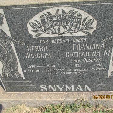 SNYMAN Gerrit Joachim 1879-1954 &amp; Francina Catharina M. BEDEKER 1875-1953