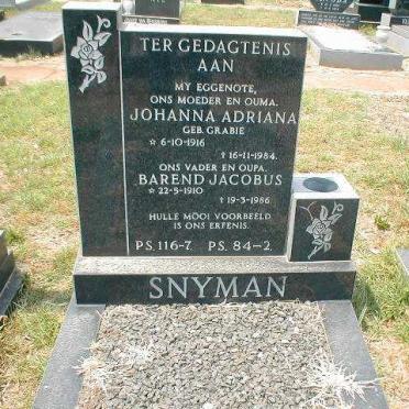 SNYMAN Barend Jacobus 1910-1986 &amp; Johanna Adriana GRABIE 1916-1984