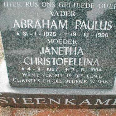 STEENKAMP Abraham Paulus 1925-1990 &amp; Janetha Christofellina 1927-1994