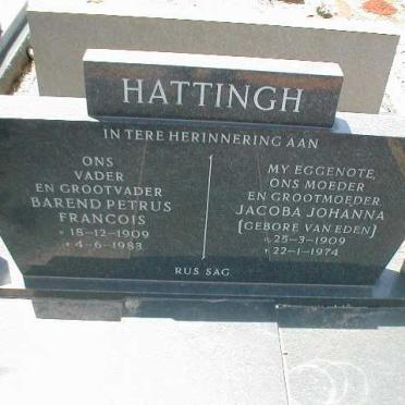 HATTINGH Barend Petrus Francois 1909-1983 &amp; Jacoba Johanna VAN EDEN 1909-1974