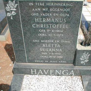 HAVENGA Hermanus Christoffel 1904-1976 &amp; Aletta Susanna 1910-1980