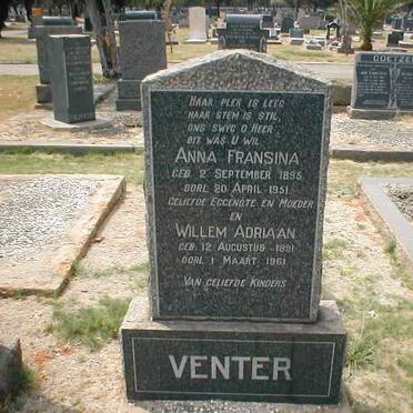 VENTER Willem Adriaan 1891-1961 &amp; Anna Fransina 1895-1951