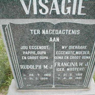 VISAGIE Rudolph M. J. 1919-1994 &amp; Francina W. J. MOSTERT 1916-1991