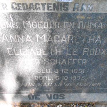 VOS Anna Magaretha Elizabeth le Roux, de nee SCHAEFER 1891-1975