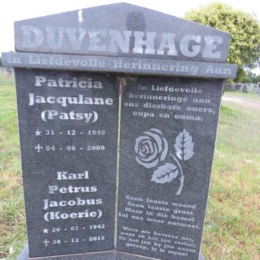 DUVENHAGE Karl Petrus Jacobus 1942-2015 & Patricia Jacqulane 1945-2009