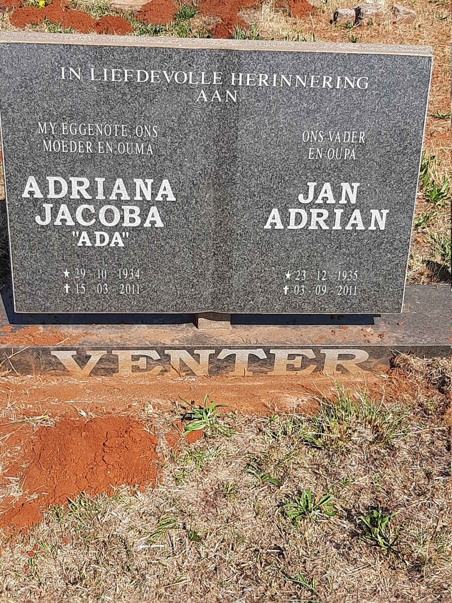 VENTER Jan Adrian 1935-2011 & Adriana Jacoba 1934-2011
