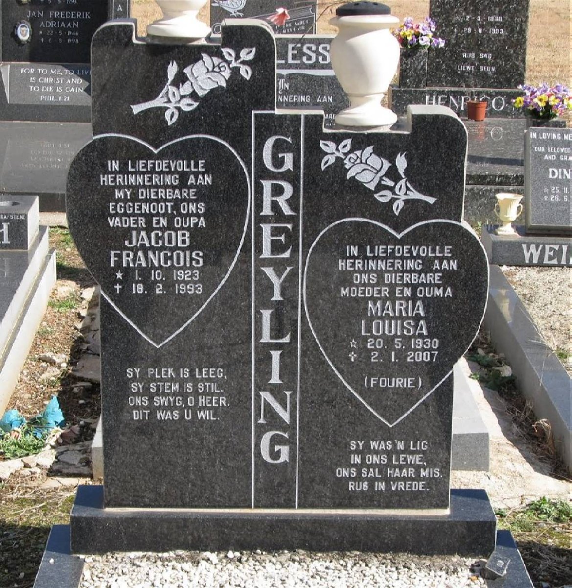 GREYLING Jacob Francois 1923-1993 & Maria Louisa FOURIE 1930-2007