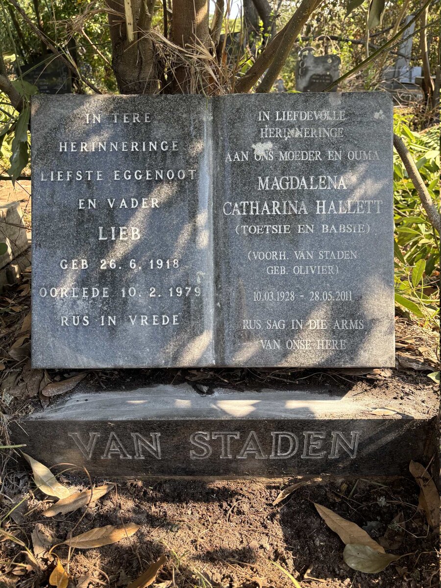 STADEN Lieb, van 1918-1979 & Magdalena Catherina HALLETT nee OLIVIER 1928-2011