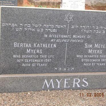 MYERS Sim Meyer -1975 &amp; Bertha Kathleen -1947