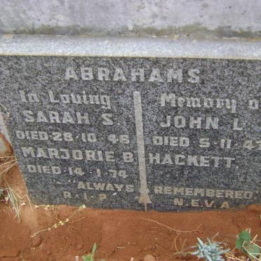 ABRAHAMS John L. -1947 &amp; Sarah S. -1946 :: HACKETT Marjorie B. -1974
