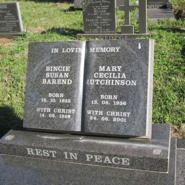 BAREND Bincie Susan 1932-1969 :: HUTCHINSON Mary Cecilia 1936-2001