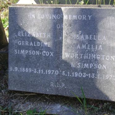 COX Elizabeth Geraldine, SIMPSON 1889-1970 :: WORTHINGTON Isabella Amelia nee SIMPSON 1903-1973