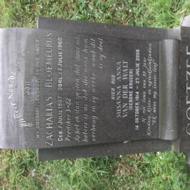 COETZEE Zacharias Bloemeurus 1907-1960 &amp; Susanna Anna VAN DER WALT nee KRUGER 1914-2008