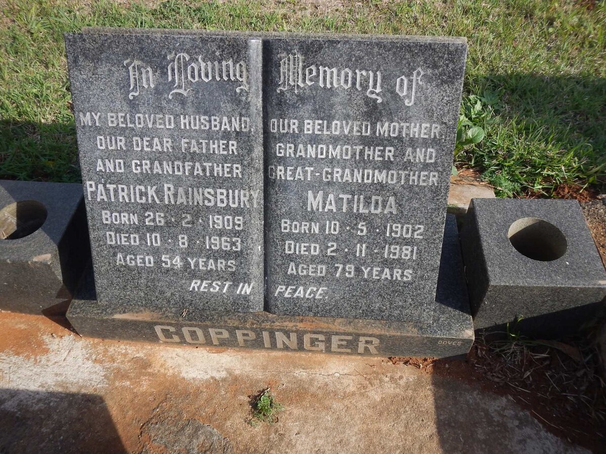 COPPINGER Patrick Rainsbury 1909-1963 &amp; Matilda 1902-1981