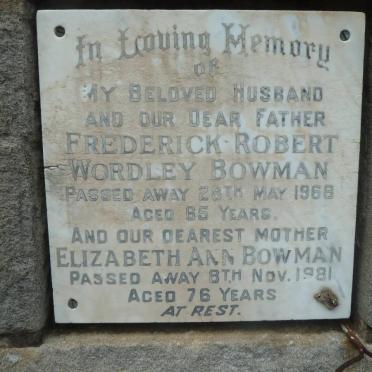 BOWMAN Frederick Robert Wordley -1968 &amp; Elizabeth Ann -1981