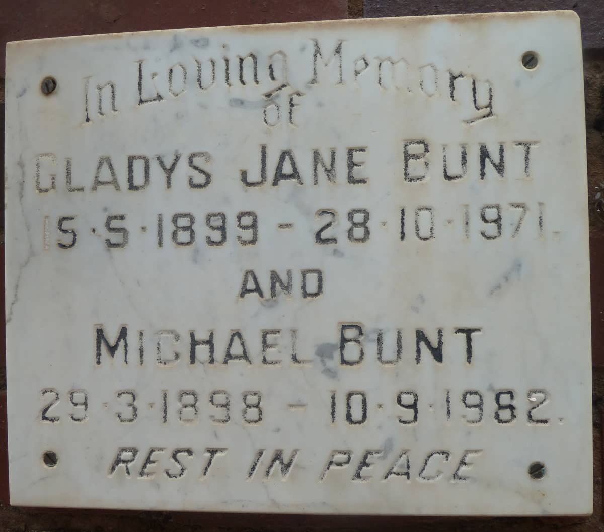 BUNT Michael 1898-1982 &amp; Gladys Jane 1899-1971