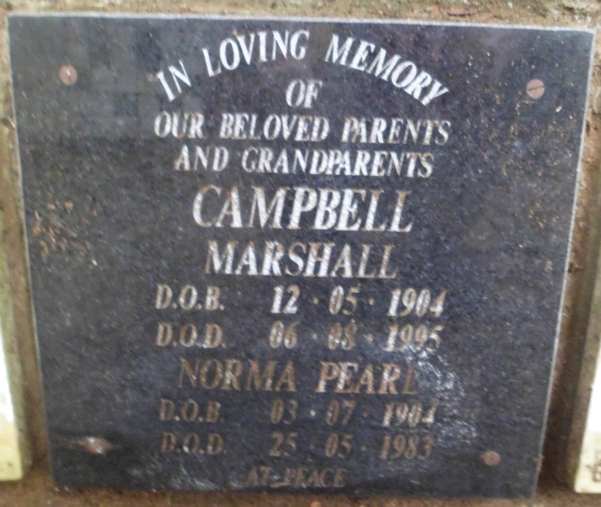 CAMPBELL Marshall 1904-1995 &amp; Norma Pearl 1904-1983