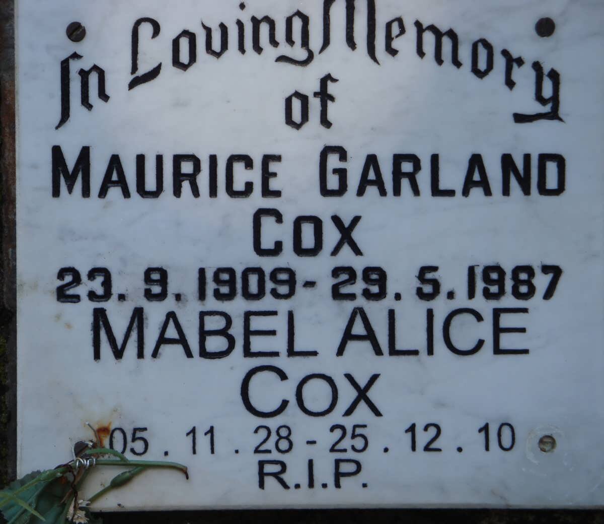 COX Maurice Garland 1909-1987 :: COX Mabel Alice 1928-2010