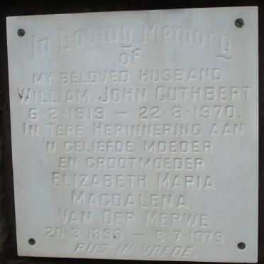 CUTHBERT William John 1919-1970 &amp; Elizabeth Maria Magdalena VAN DER MERWE 1893-1979