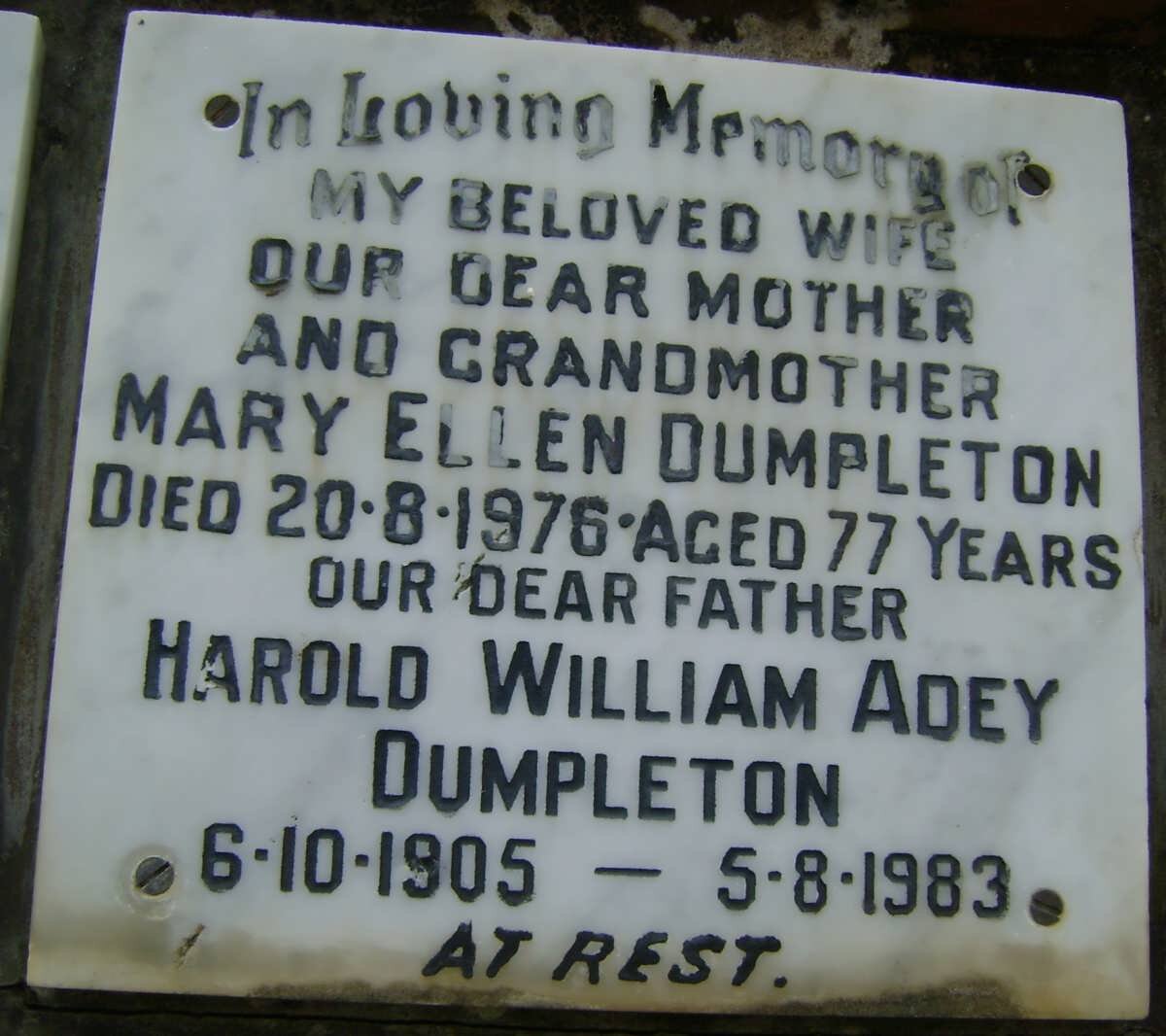 DUMPLETON Harold William Adey 1905-1983 &amp; Mary Ellen -1976