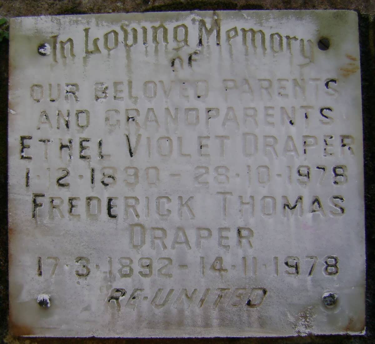 DRAPER Frederick Thomas 1892-1978 &amp; Ethel Violet 1890-1978