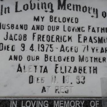 ERASMUS Jacob Frederick -1975 &amp; Aletta Elizabeth -1993