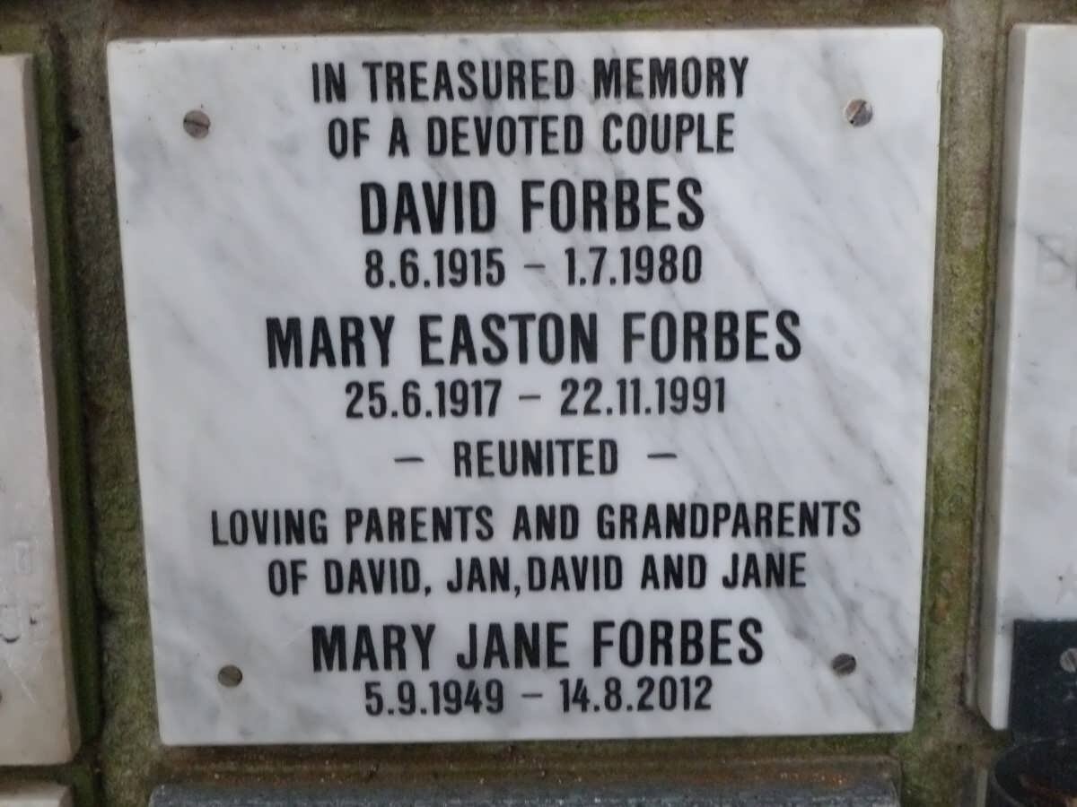 FORBES David 1915-1980 &amp; Mary Easton 1917-1991 :: FORBES Mary Jane 1949-2012