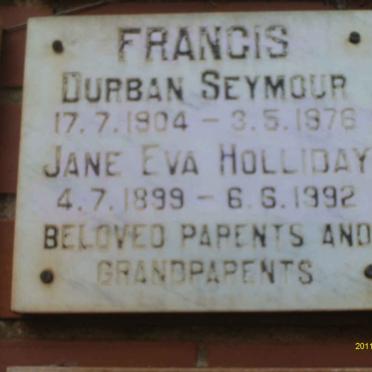 FRANCIS Durban Seymour 1904-1976 &amp; Jane Eva Holliday 1899-1992