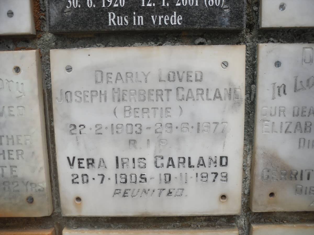 GARLAND Joseph Herbert 1903-1977 &amp; Vera Iris 1905-1979