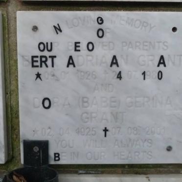 GRANT Bert Adriaan 1926-1980 &amp; Dora Gerina 1925-2001