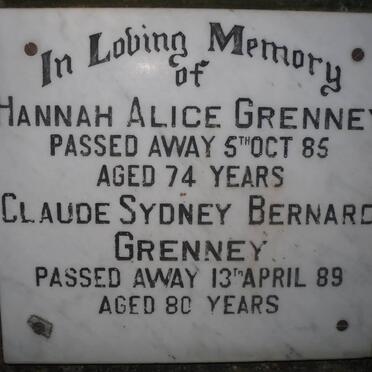 GRENNEY Claude Sydney Bernard -1989 &amp; Hannah Alice -1985