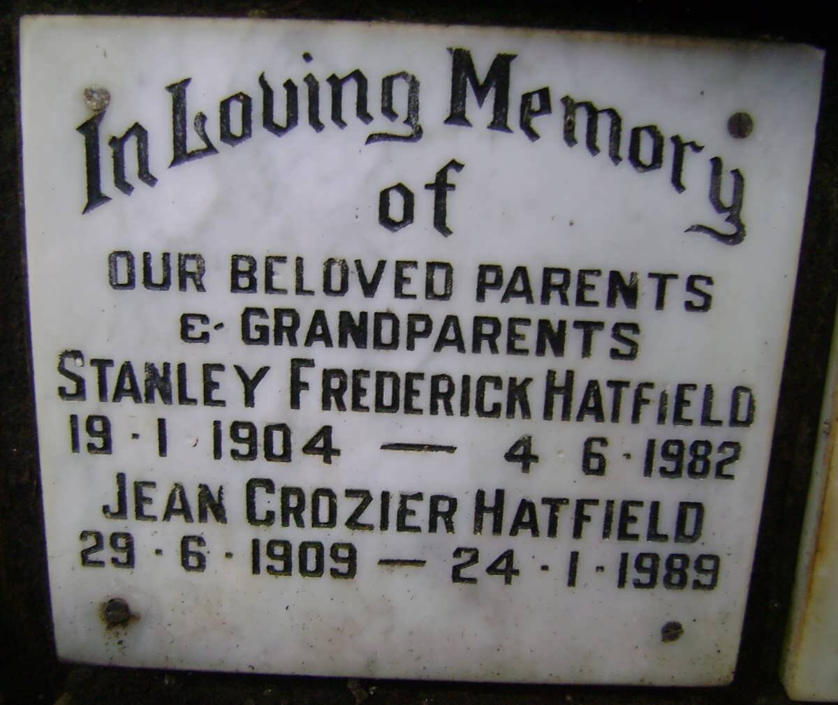 HATFIELD Stanley Frederick 1904-1982 &amp; Jean Crozier 1909-1989