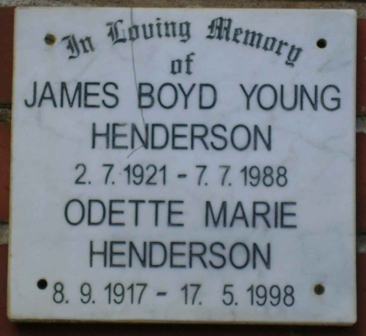 HENDERSON James Boyd Young 1921-1988 &amp; Odette Marie 1917-1998