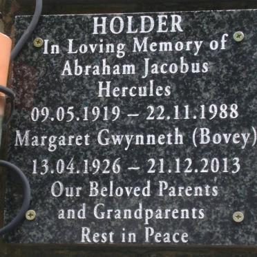 HOLDER Abraham Jacobus Hercules 1919-1988 &amp; Margaret Gwynneth BOVEY 1926-2013