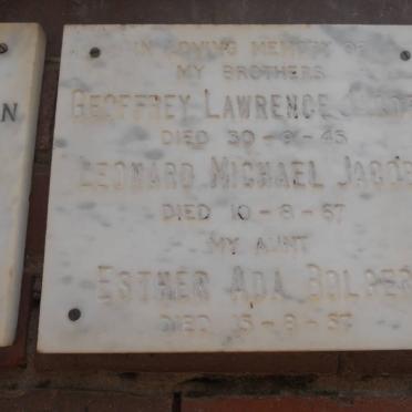 JACOBS Geoffrey Lawrence -1945 :: JACOBS Leonard Michael -1967 :: BOLGER Esther Ada -1957