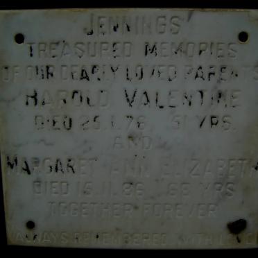 JENNINGS Harold Valentine -1976 &amp; Margaret Ann Elizabeth -1986