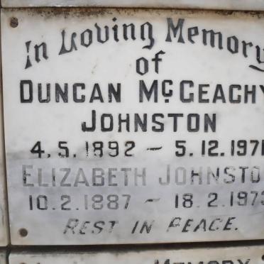 JOHNSTON Duncan McGeachy 1892-1971 &amp; Elizabeth 1887-1973