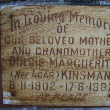 KINSMAN Dulcie Marguerite nee AGAR 1902-1982