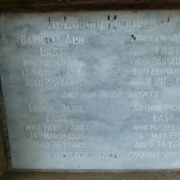 LAST Arthur Richard -1985 &amp; Louisa Alice -1985 :: LAST Norman Arthur -1961 :: LAST Barbara Ann -1940