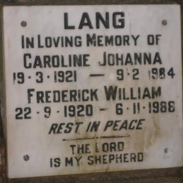 LANG Frederick William 1920-1988 &amp; Caroline Johanna 1921-1984